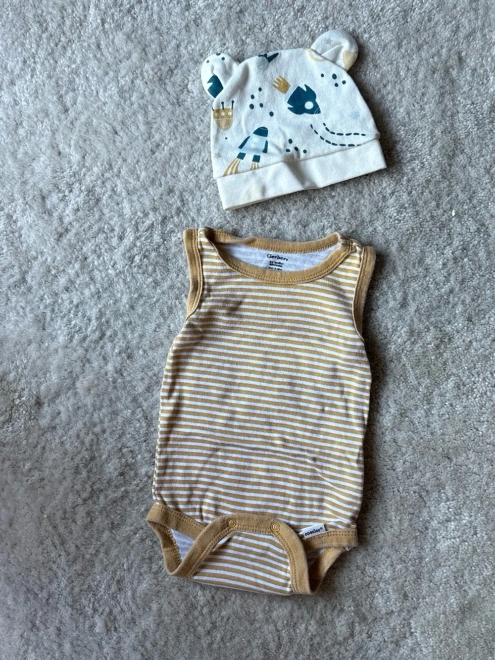 Gerber Tan & White Striped Sleeveless Baby Bodysuit with Rocket Print Hat